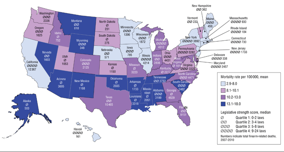 Map of Gun Legislation Strength vs Mortality Rate by State ...