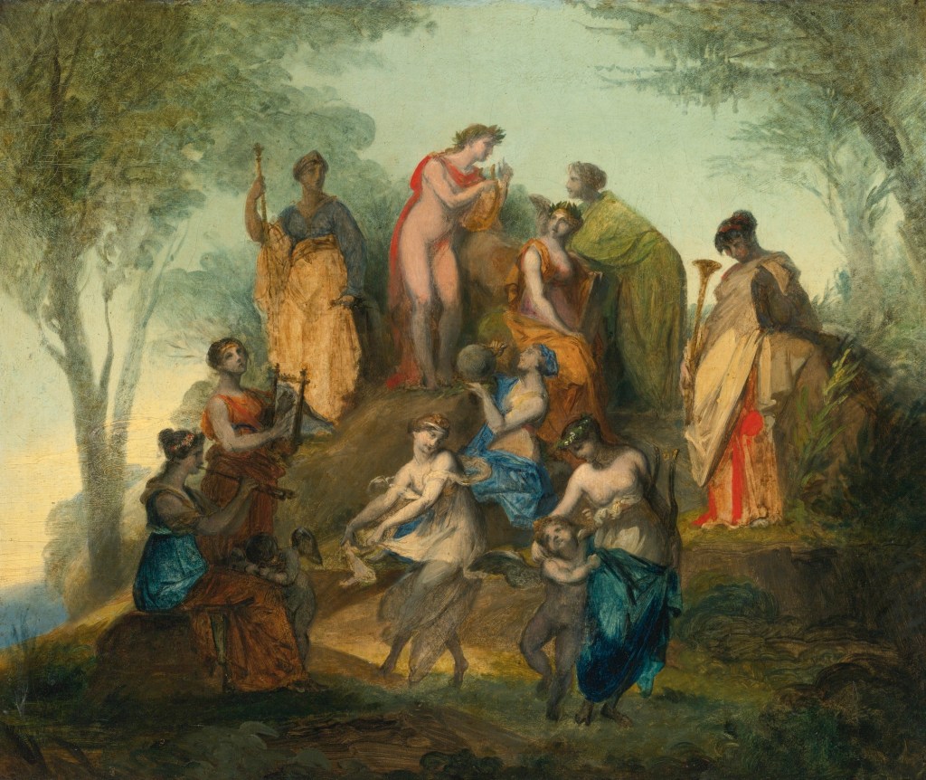 A painting by Pierre-Paul Prud'hon of Apollo and the nine Muses atop of Mount Parnassus