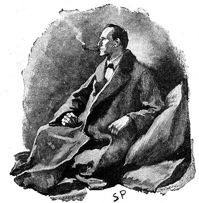 An illustration in black and white of Sherlock Holmes reclining and smoking a pipe, wearing a gown.